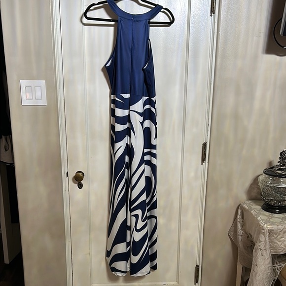 Blue and White Halter Backless Cocktail Dress - Picture 2 of 5